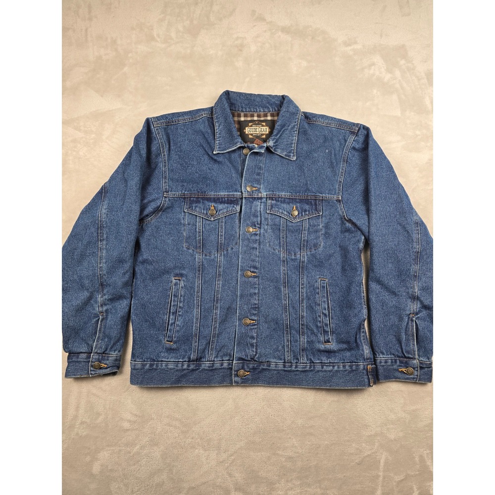 Vintage Guide Gear Denim Trucker Jacket Mens XL Blue Plaid Lined Jean Coat